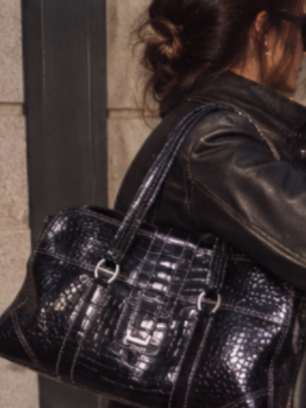 Liz Claiborne Black Croc Embossed Weekender Shoulder Bag Y2K